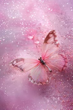 Pink background with glittering butterfly, copy space. Women's Day. It's a girl backdrop with empty space. Baby shower or birthday invitation, party. Baby girl birth announcement. Generative AI