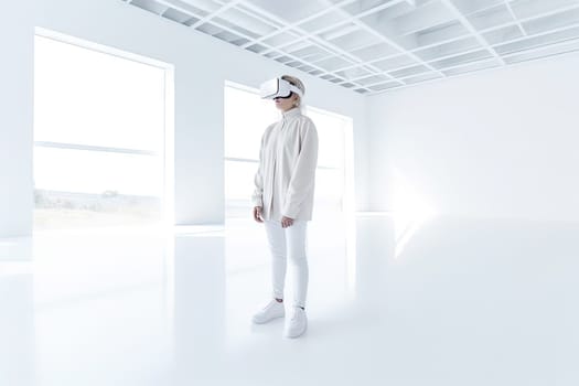 VR goggles technology concept with a person wearing virtual reality glasses device in white room. Generated AI
