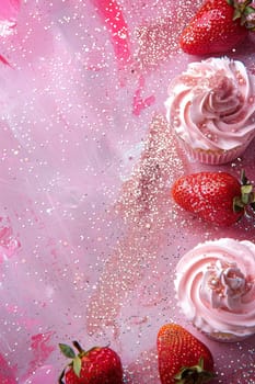 Pink vertical background with glittering cupcakes and strawberries, copy space. Women's Day. It's a girl backdrop with empty space. Baby shower or birthday invitation. Baby girl birth. Generative AI