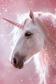 Pink glittering background with unicorn, copy space. Women's Day. It's a girl backdrop with empty space. Baby shower or birthday invitation, party. Baby girl birth announcement. Generative AI