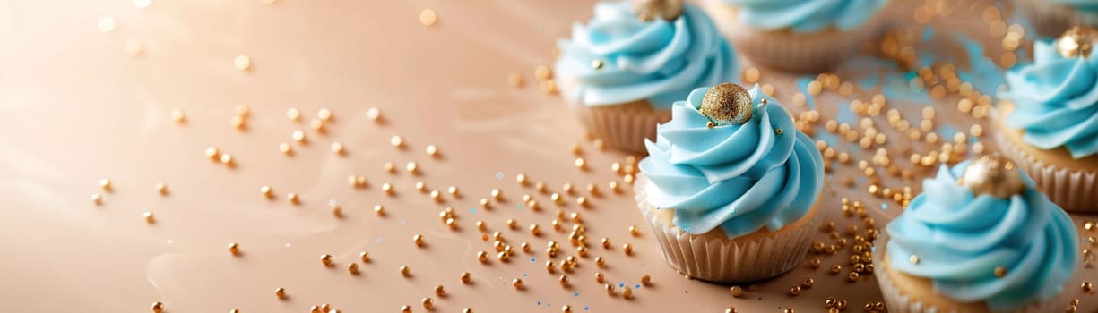 Beige background with blue cupcakes glitter and copy space. Its a boy backdrop with empty space for text. Baby shower, birthday invitation, party. Baby boy birth announcement. Banner. Generative AI