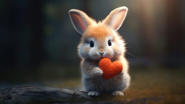 Cute fluffy rabbit hugging red heart. Valentine's Day greetings from romantic bunny holding heart. Generative AI