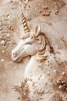 A whimsical beige unicorn adorned with glitter, perfect for fantasy-themed events, children's products, or creative arts, with sparkling details ideal for enchanting visuals. Generative AI