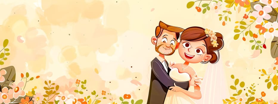 Joyful Cartoon Wedding Couple with Floral Background, copy space