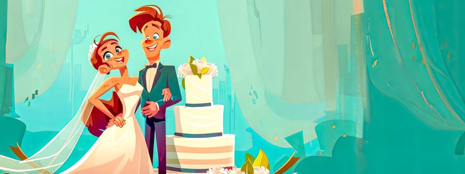 Delighted Cartoon Bride and Groom with Wedding Cake, copy space