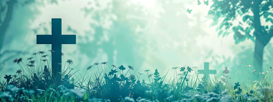 Serene Cemetery Scene with Mist and Wildflowers. copy space