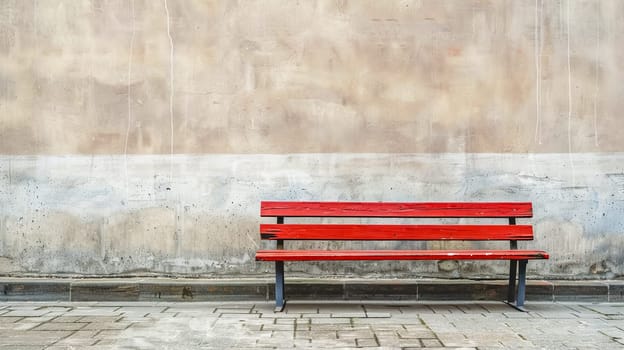 Vibrant Red Bench Against Weathered Concrete Wall, copy space