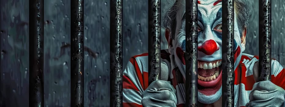 Creepy Clown Behind Rainy Jail Bars, banner