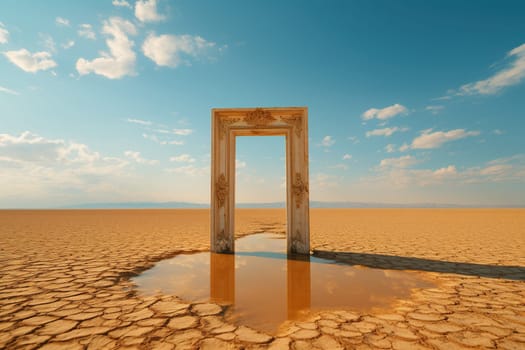 A closed, shabby old door with a puddle in the middle of a dry desert.