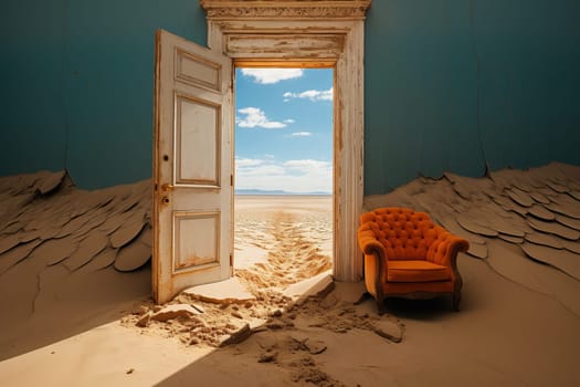 An old abandoned room in the sand in the middle of the desert. An open door to the desert.
