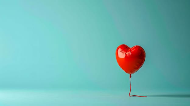 Red Heart-Shaped Balloon on Teal Background, copy space
