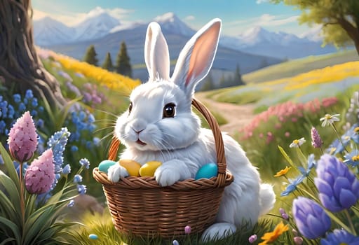 White bunny with Easter eggs in nature. AI generated image.