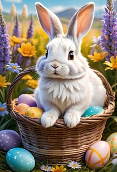 White bunny with Easter eggs in nature. AI generated image.