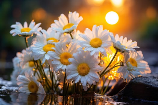 Chamomile flowers in water at sunset. Summer chamomile background.