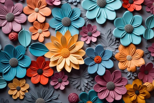 Background of multi-colored flowers cut out of paper.