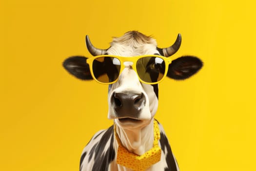 A stylish cow with sunglasses and a polka dot scarf poses confidently against a yellow background.