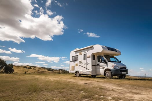 Motorhome parked on rural dirt road with trees and fields under a blue sky. Travel and adventure concept for design and print. Outdoor lifestyle photography