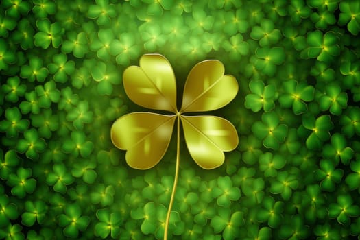 Golden four-leaf clover surrounded by green clovers on a dark background. St. Patrick's Day and luck concept. Design for greeting card, invitation, and festive decoration