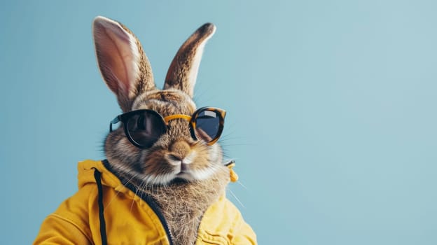 A quirky rabbit wearing sunglasses and a yellow jacket against a blue background, evoking fun and style.