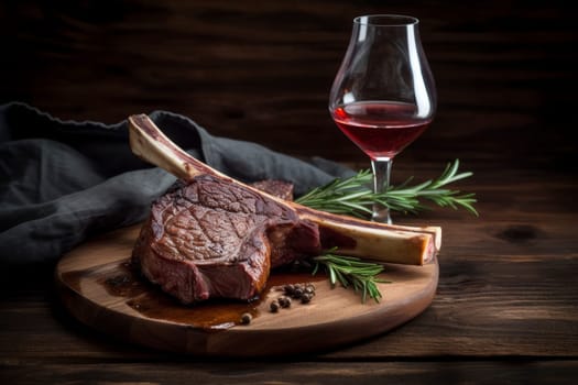 Grilled tomahawk steak on wooden board with rosemary and glass of red wine. Culinary arts and fine dining concept. Gourmet food photography with space for text