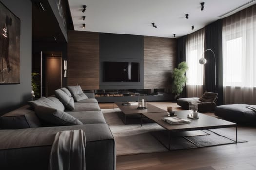 Modern living room interior with contemporary furniture design. Minimalist apartment concept. Design for real estate listings and architectural magazines