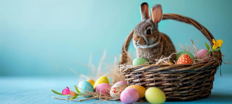 Rabbit in wicker basket with colored Easter eggs and flowers on a blue background. Easter celebration concept. Design for greeting card or invitation with place for text. Wide banner composition