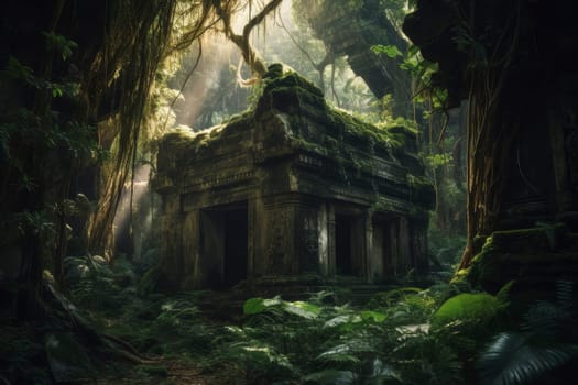 Ancient temple ruins in a dense jungle. Mysterious exploration and adventure concept. Design for travel brochures and historical documentaries