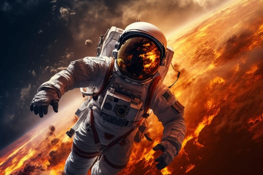 Astronaut in space suit hovering over a dramatic representation of a burning planet, evoking adventure and exploration.