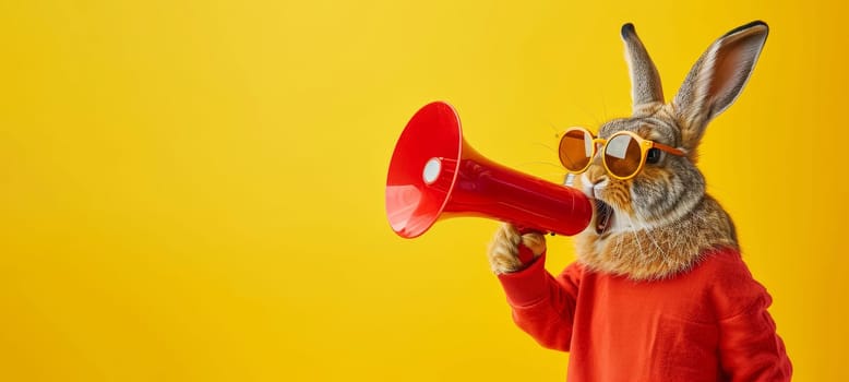 A charismatic rabbit making an announcement with a red megaphone against a vivid yellow background, symbolizing communication.