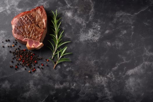 Raw steak with fresh rosemary and mixed peppercorns on dark marble background. Gourmet cooking and food preparation concept. High-quality ingredients photography with copy space