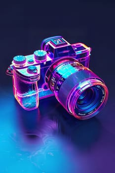 Futuristic neon-lit transparent analog camera in isometric view, blending vintage charm with modern aesthetics.