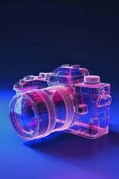 Futuristic neon-lit transparent analog camera in isometric view, blending vintage charm with modern aesthetics.