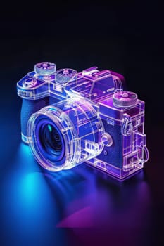 Futuristic neon-lit transparent analog camera in isometric view, blending vintage charm with modern aesthetics.