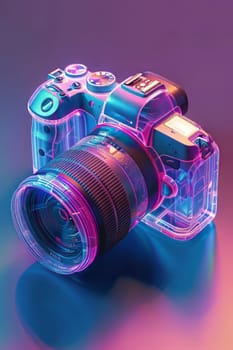 Futuristic neon-lit transparent analog camera in isometric view, blending vintage charm with modern aesthetics.