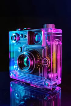 Futuristic neon-lit transparent analog camera in isometric view, blending vintage charm with modern aesthetics.