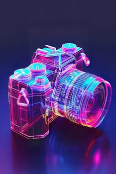 Futuristic neon-lit transparent analog camera in isometric view, blending vintage charm with modern aesthetics.