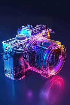 Futuristic neon-lit transparent analog camera in isometric view, blending vintage charm with modern aesthetics.