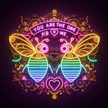 steampunk bee king and queen in love neon sign valentines illustration concept rusty background generative ai art