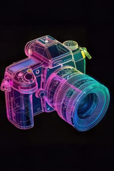 Futuristic neon-lit transparent analog camera in isometric view, blending vintage charm with modern aesthetics.