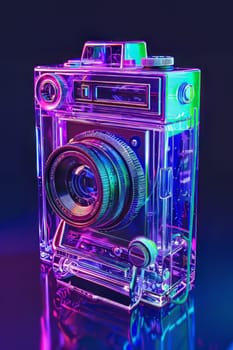 Futuristic neon-lit transparent analog camera in isometric view, blending vintage charm with modern aesthetics.