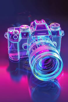 Futuristic neon-lit transparent analog camera in isometric view, blending vintage charm with modern aesthetics.
