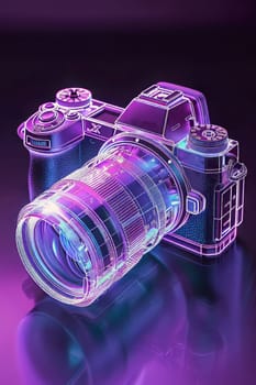 Futuristic neon-lit transparent analog camera in isometric view, blending vintage charm with modern aesthetics.