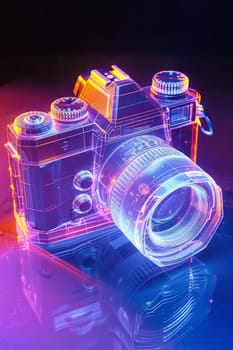 Futuristic neon-lit transparent analog camera in isometric view, blending vintage charm with modern aesthetics.