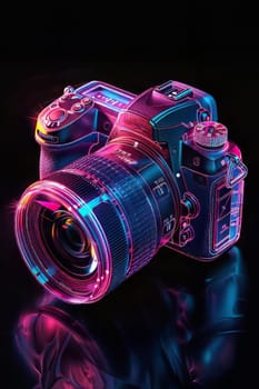 Futuristic neon-lit transparent analog camera in isometric view, blending vintage charm with modern aesthetics.