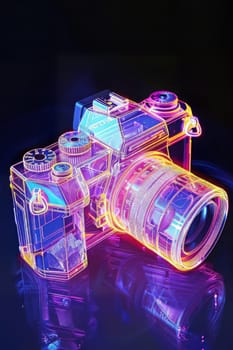 Futuristic neon-lit transparent analog camera in isometric view, blending vintage charm with modern aesthetics.