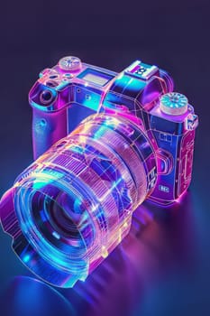 Futuristic neon-lit transparent analog camera in isometric view, blending vintage charm with modern aesthetics.