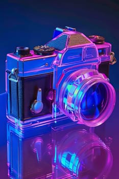 Futuristic neon-lit transparent analog camera in isometric view, blending vintage charm with modern aesthetics.