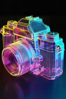 Futuristic neon-lit transparent analog camera in isometric view, blending vintage charm with modern aesthetics.