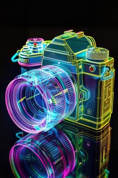 Futuristic neon-lit transparent analog camera in isometric view, blending vintage charm with modern aesthetics.