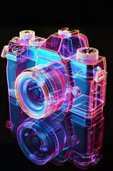 Futuristic neon-lit transparent analog camera in isometric view, blending vintage charm with modern aesthetics.